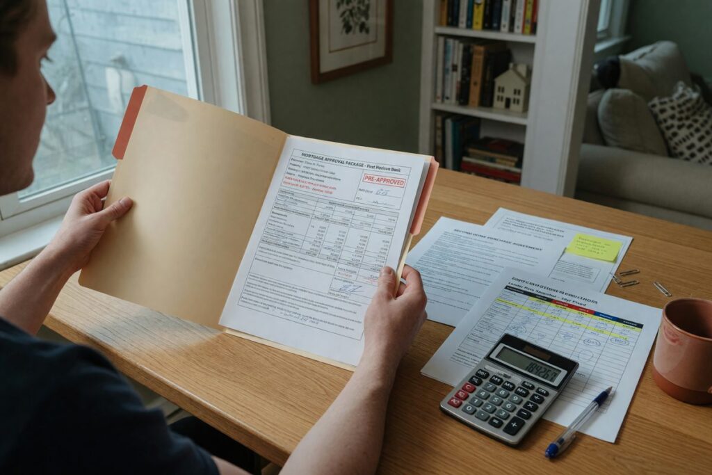 Repeat homebuyer reviewing mortgage documents and loan estimates for second home purchase