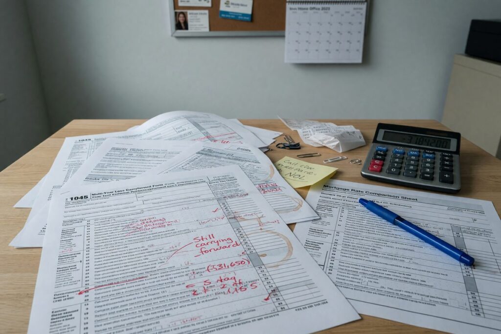 Self-employed borrower reviewing mortgage rate offer with tax documents showing loss carry-forwards