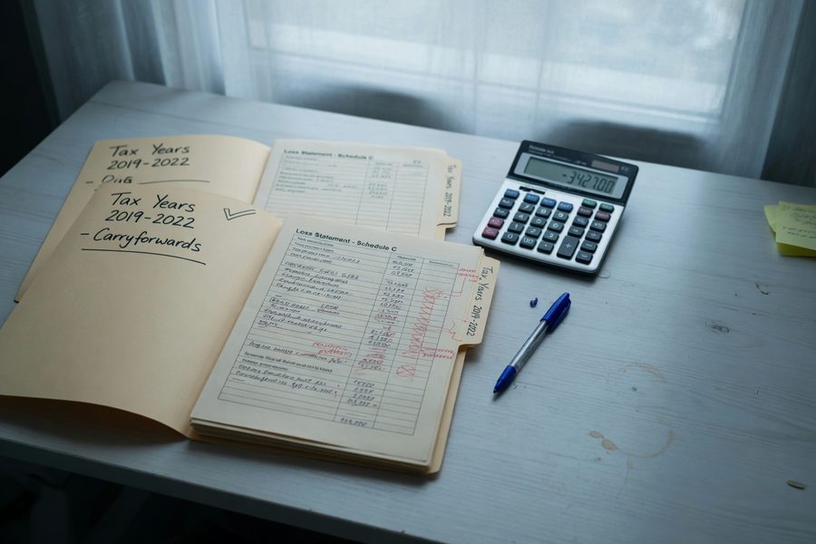 Underwriter reviewing self-employed borrower tax returns and Schedule C income worksheet
