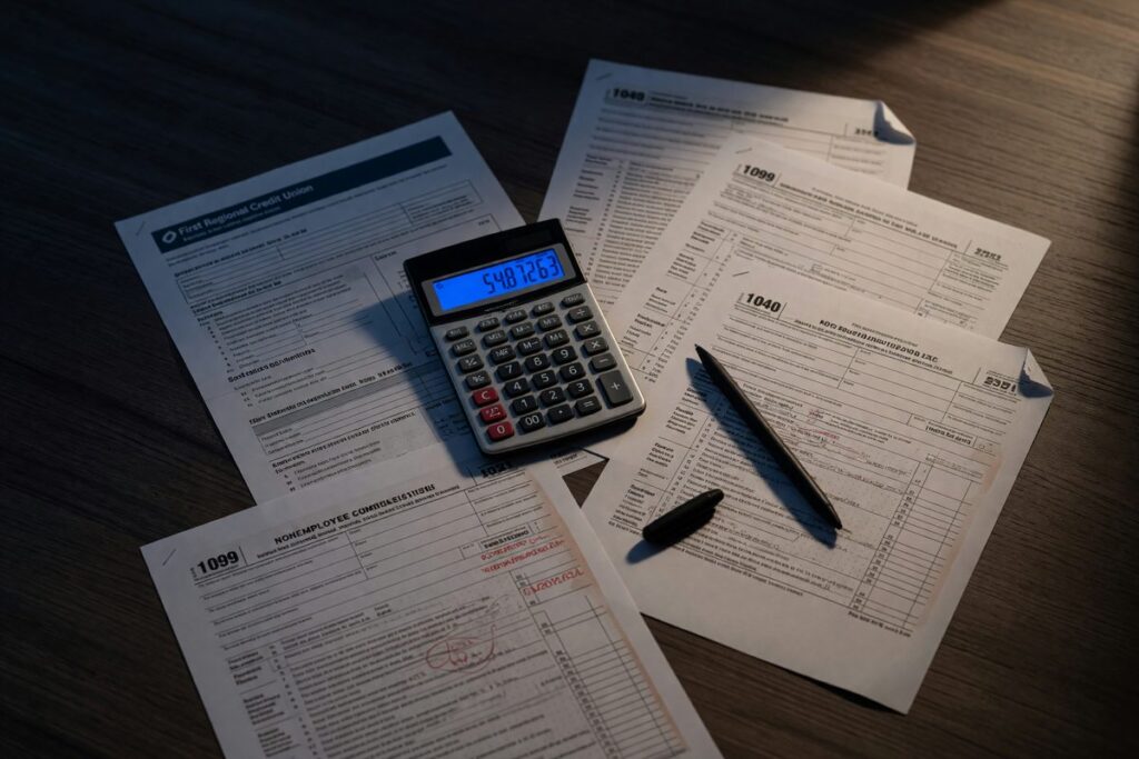 Self-employed borrower reviewing tax returns and bank statements for personal loan application