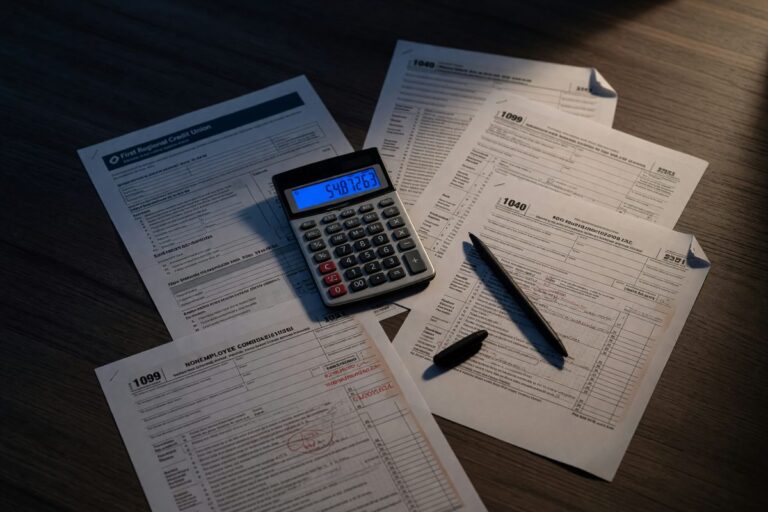 Self-employed borrower reviewing tax returns and bank statements for personal loan application