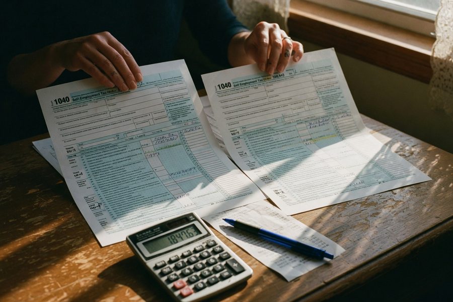 Self-employed borrower reviewing tax returns and bank statements at a desk