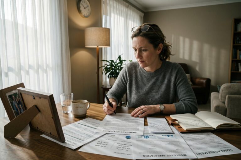 Documents showing mortgage application paperwork and financial calculations for single-income home buyer