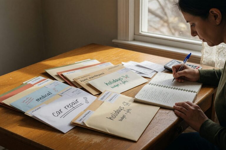 Calendar and savings tracker showing monthly sinking fund contributions for a future expense