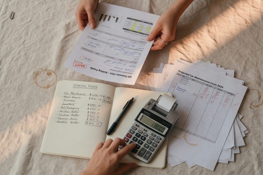 Side-by-side view of a high-yield savings app showing multiple labeled sinking fund sub-accounts
