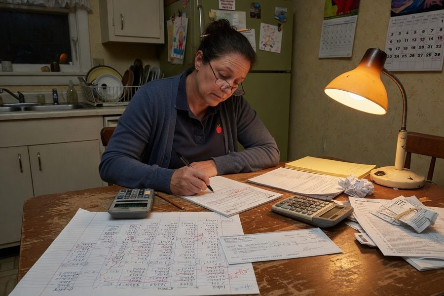Teacher reviewing monthly budget spreadsheet with debt payment and savings columns side by side