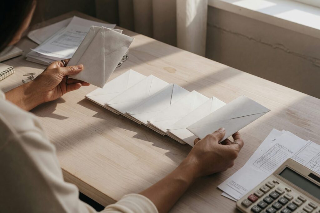 Freelancer calculating monthly invoice breakdown for emergency fund and tax reserves