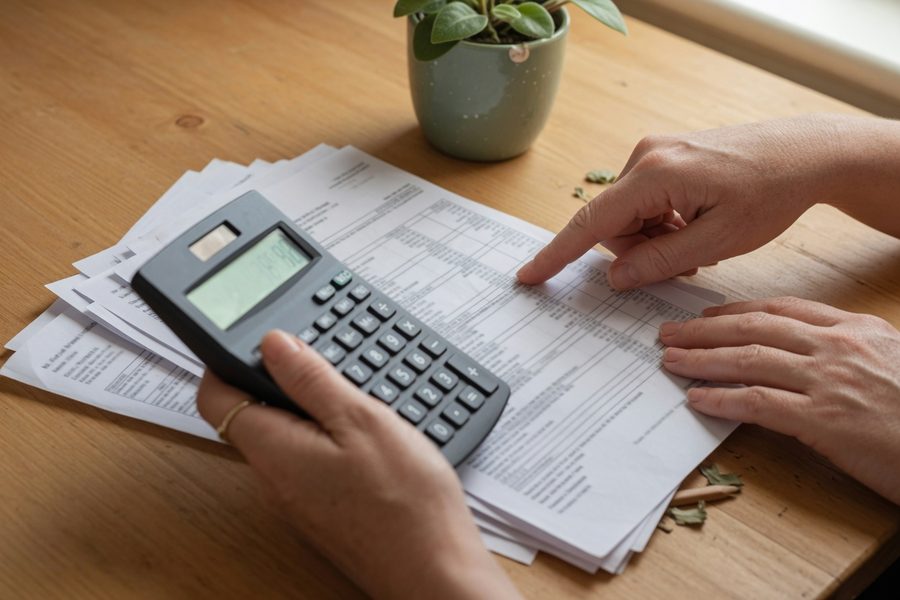 A caregiver reviewing bills at a kitchen table with a calculator, planning income gaps during family leave.
