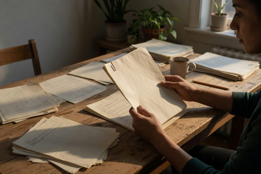 Borrower reviewing loan consolidation documents at a desk