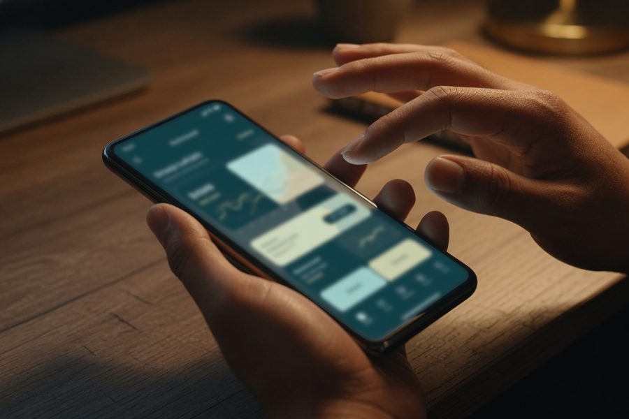 Side-by-side comparison: a sleek fintech credit-builder app interface vs. a traditional credit union lobby, emphasizing the privacy difference.