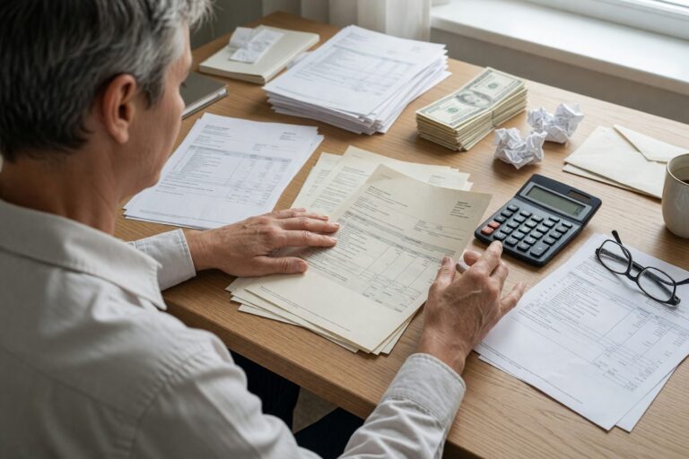 Middle-aged borrower reviewing debt statements and retirement account balance sheet