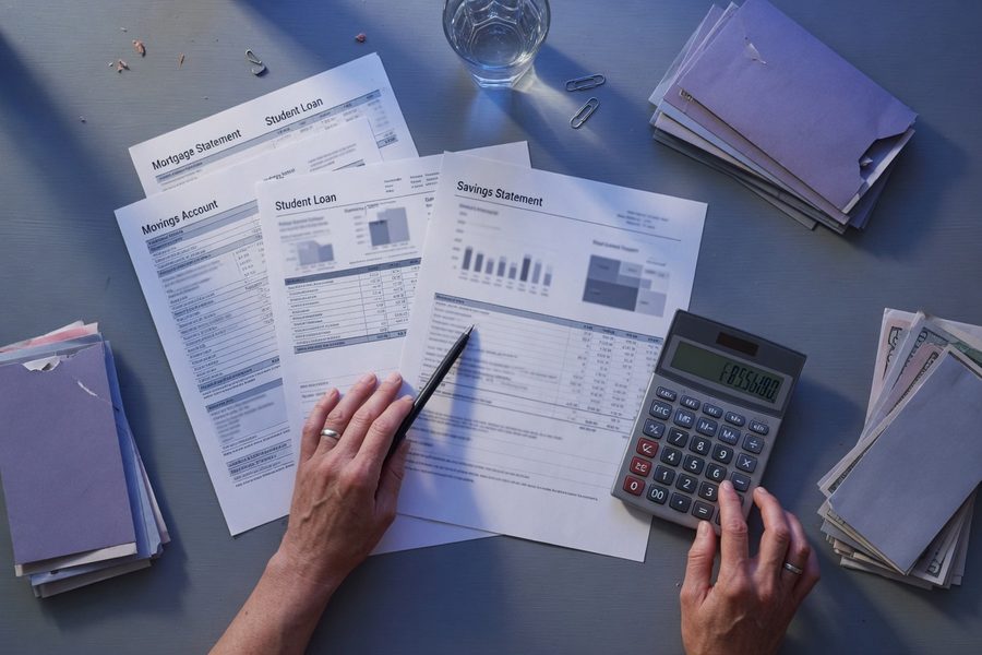 A worker reviewing a 401(k) enrollment form while holding mortgage statements