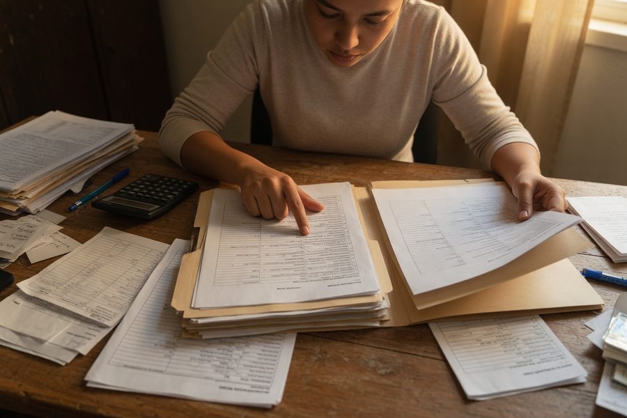 Tax returns spread out with a highlighted income average