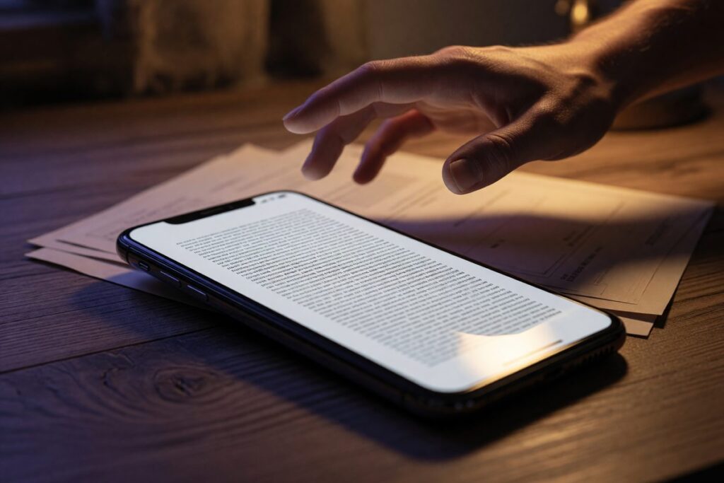 Close-up of digital loan agreement on tablet showing fine print disclosure of origination fees