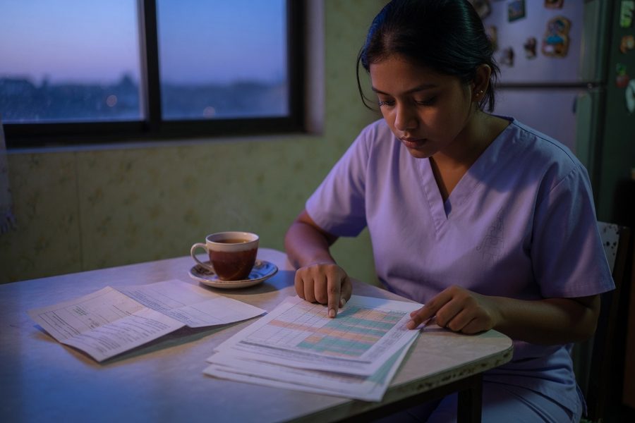 New RN in scrubs reviewing loan repayment plan on tablet with coffee