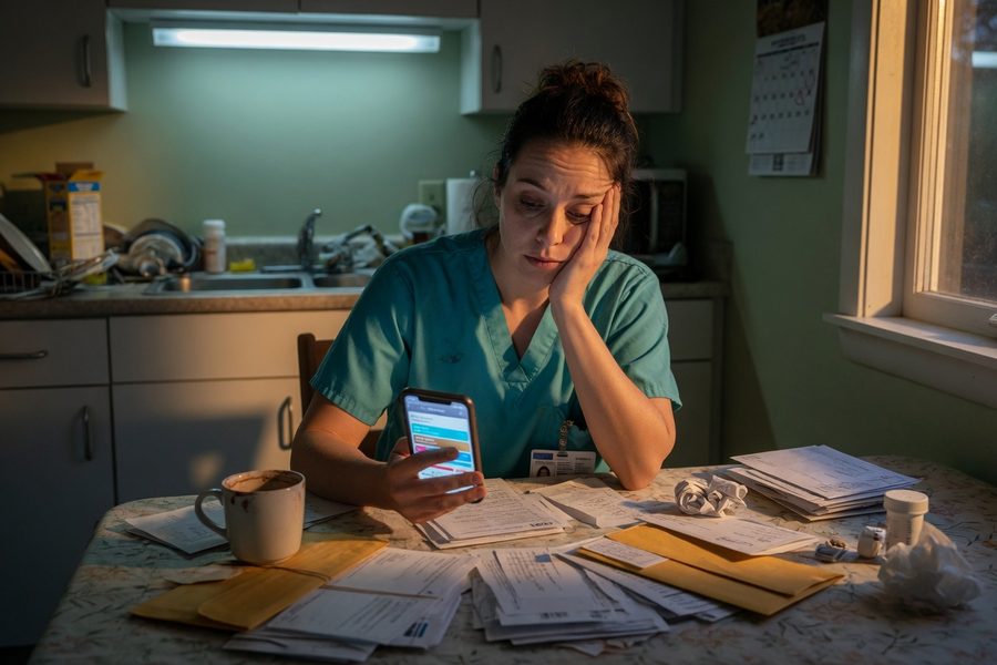 Nurse comparing fintech apps on phone while taking break in hospital breakroom