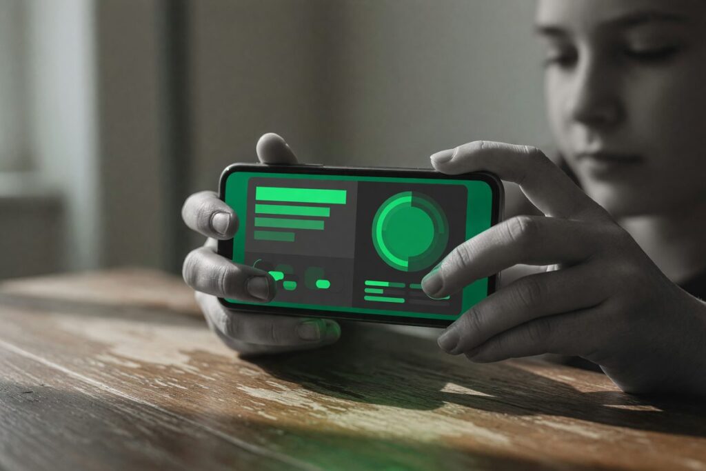 Person using fintech app on phone to rebuild credit after incarceration