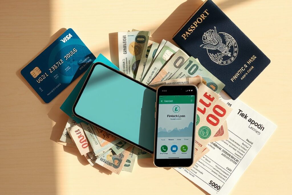 Fintech platform interface showing international bank account verification and loan approval process