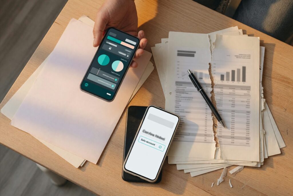 Man reviewing credit score improvement on smartphone after using fintech credit builder app post-divorce