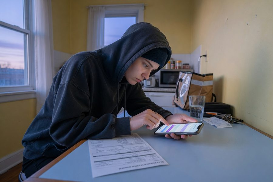 Gig worker comparing fintech loan options on mobile
