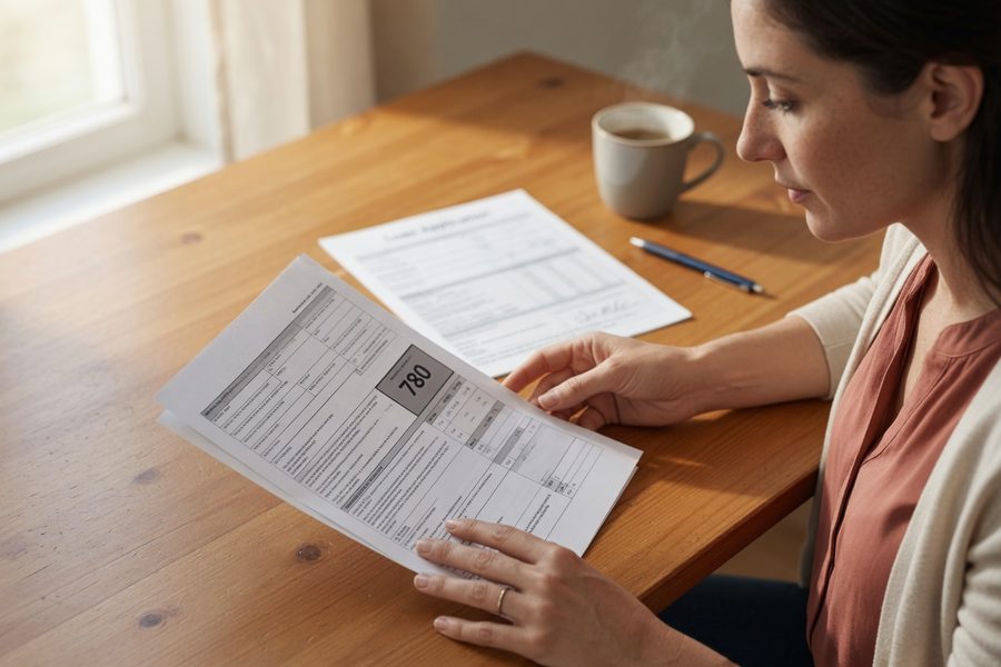 Couple reviewing loan documents with a credit report on screen