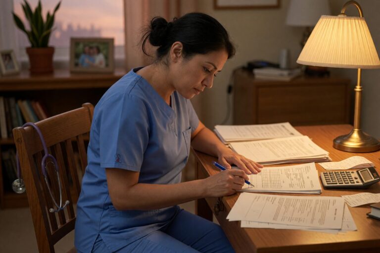 Nurse in scrubs reviewing mortgage documents with lender, discussing specialty loan rates