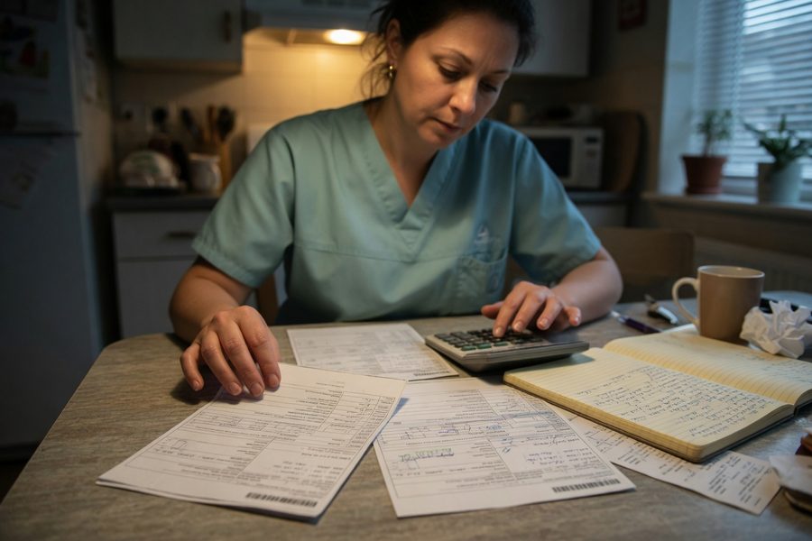 Registered nurse reviewing loan program rate comparison on a laptop
