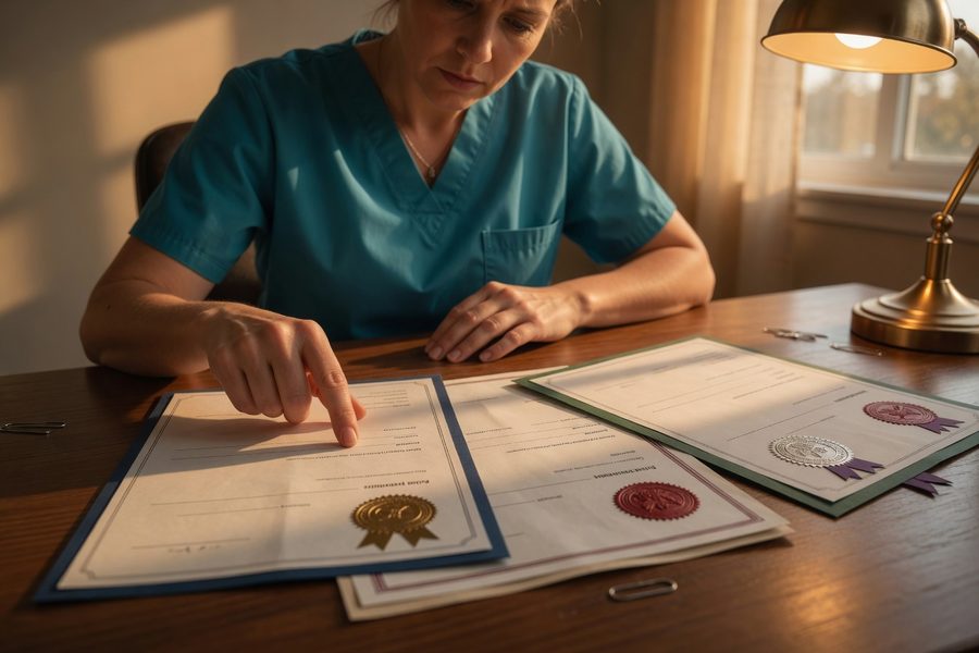 Travel nurse reviewing pay stub documentation with loan officer