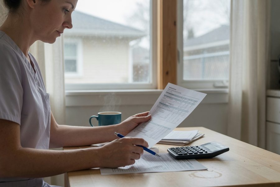 Nurse practitioner reviewing practice financing options at a desk