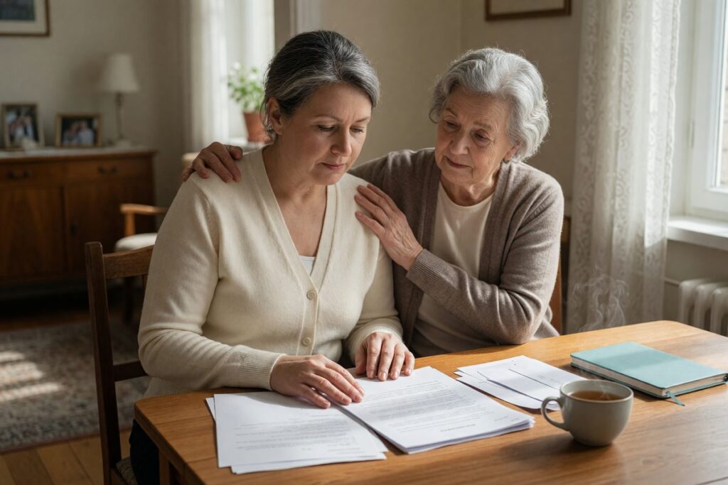 Adult child and elderly parent reviewing financial documents while discussing long-term care options