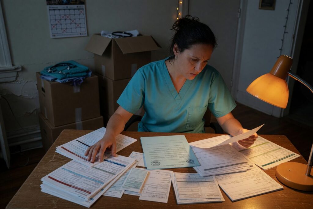 Nurse reviewing personal loan documents on tablet while preparing for relocation and licensing costs