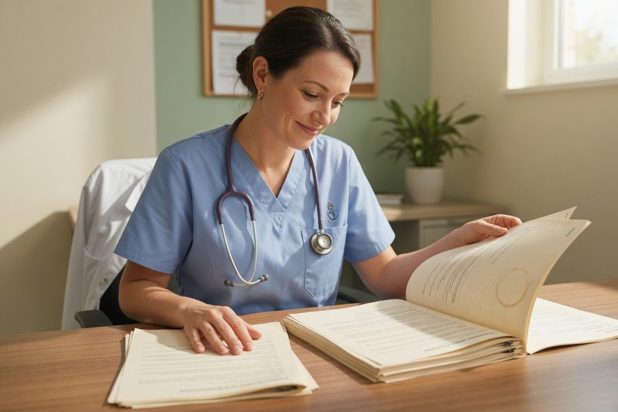Nurse reviewing loan documents at a desk with a laptop and ID badge visible.