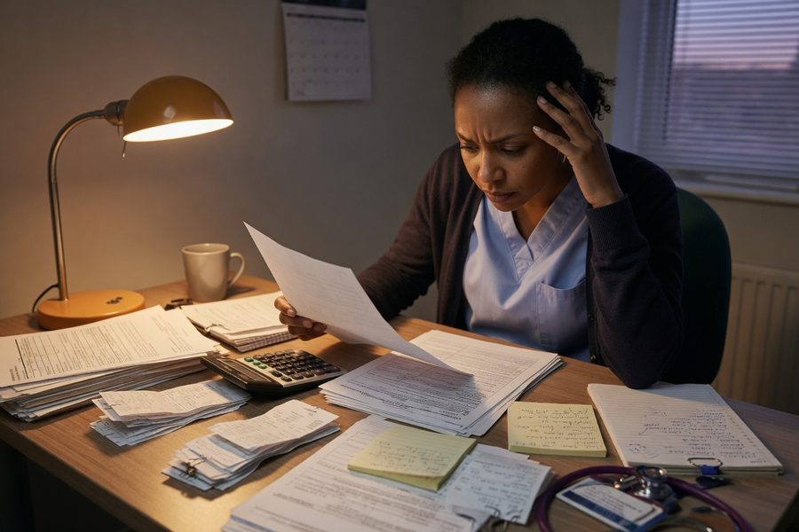 Nurse using a phone to compare personal loan offers online at a coffee shop.