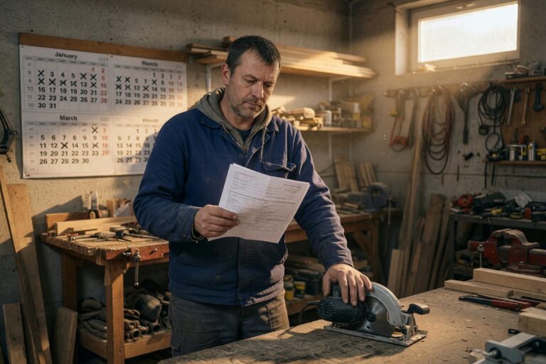 Tradesperson in hard hat reviewing mortgage documents with lender discussing seasonal income qualification