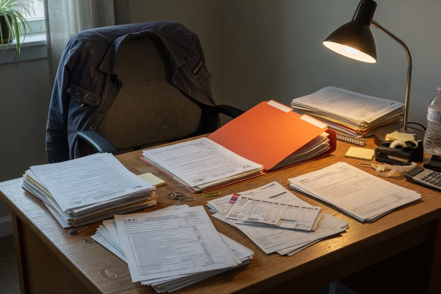 Construction worker organizing tax documents and pay stubs