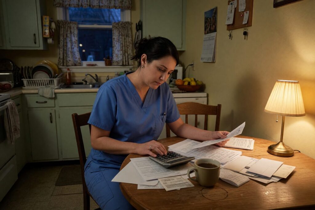 Nurse reviewing pay stub showing shift differential income next to loan approval documents