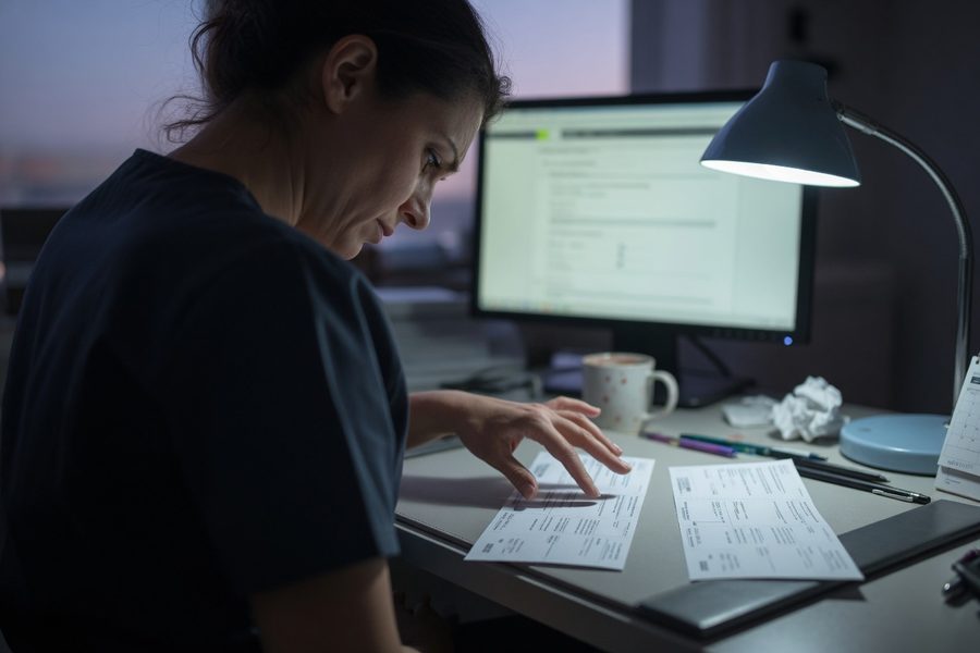 Nurse reviewing paystub and underwriting guidelines side by side