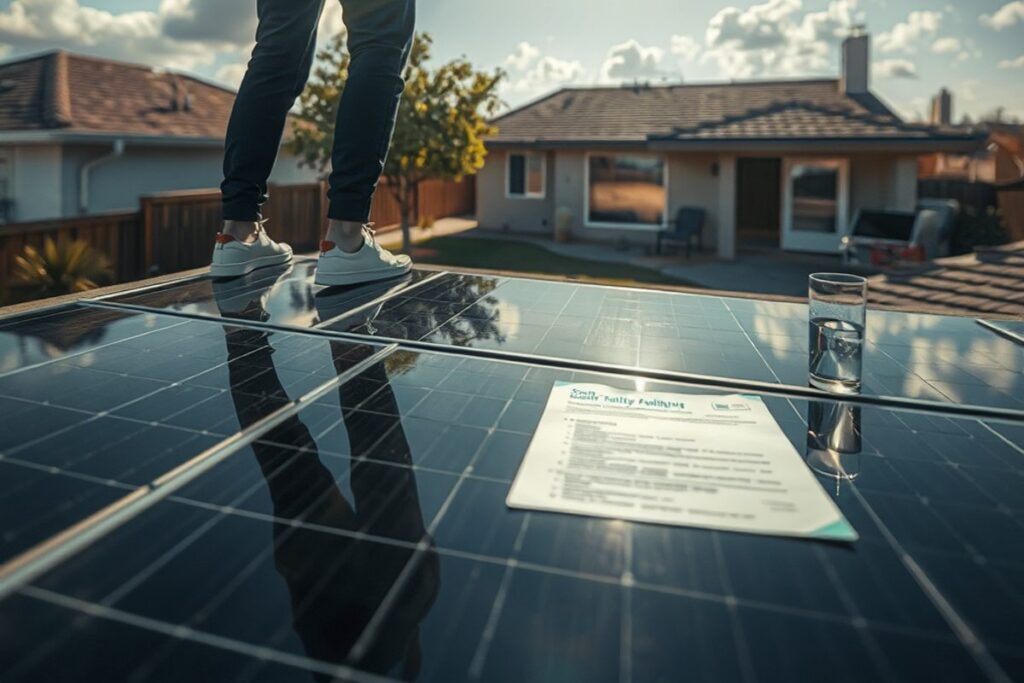 Homeowner installing solar panels with a green energy system on a California house