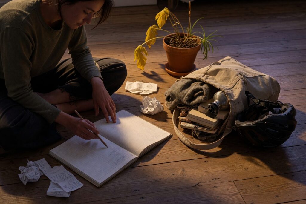 Household items including LED bulbs, plant-based food ingredients, and a transit pass representing sustainable budgeting strategies